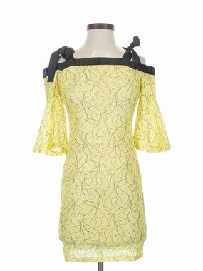NWT The Sang Yellow Lace Off-Shoulder Black Detail Bell Sleeve Party Dress